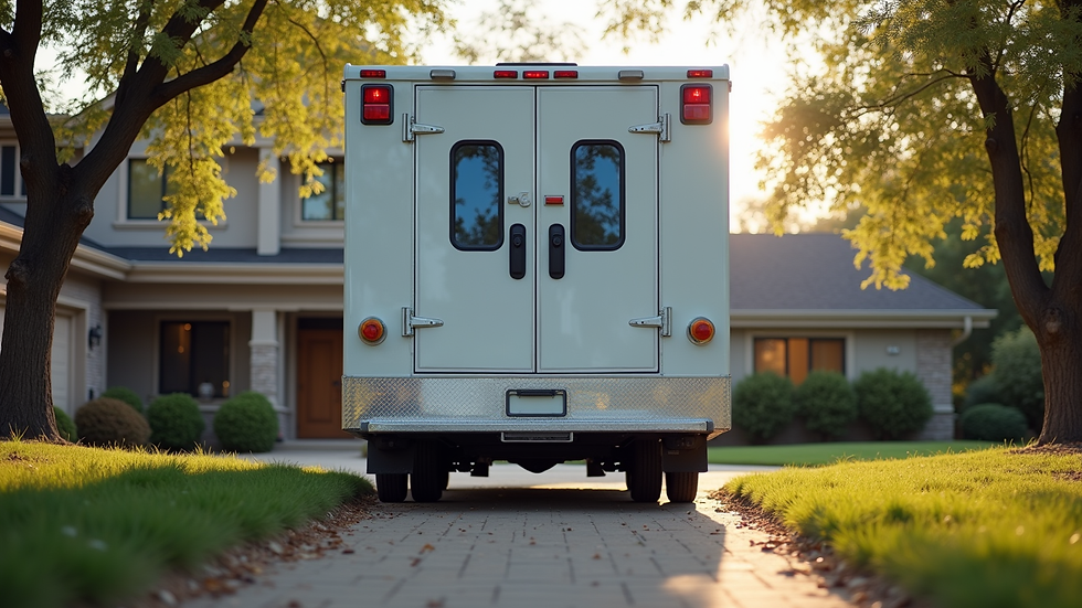 Eye-level view of a mobile cardiovascular imaging van parked outside a residential home