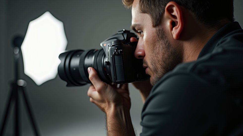 Eye-level view of a photographer setting up a camera for a portrait session in a studio
