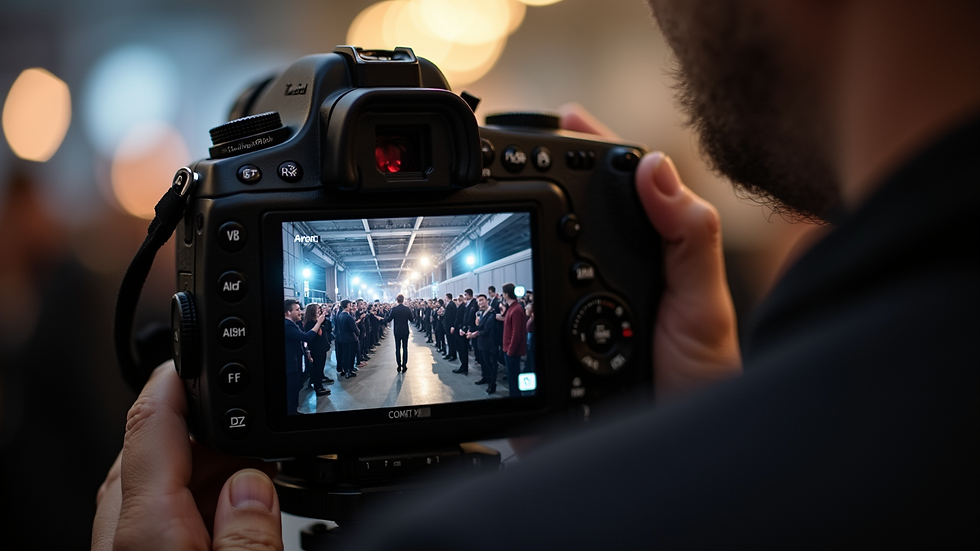 Close-up view of a camera screen showing event photos being reviewed