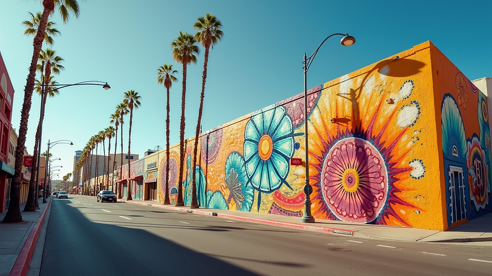 Wide angle view of a colorful mural wall in downtown Las Vegas
