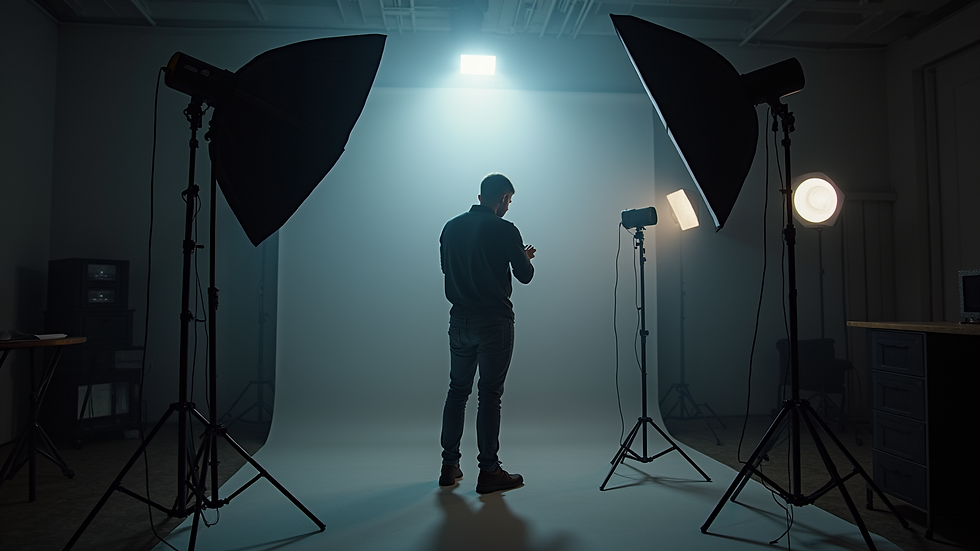 Eye-level view of a professional photographer adjusting lighting equipment in a studio