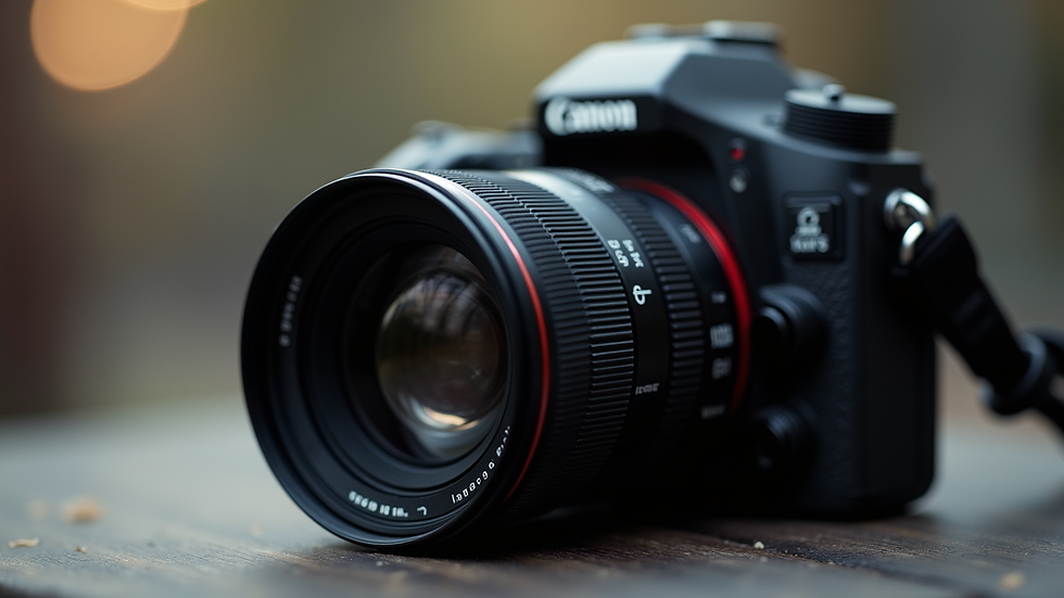 Close-up view of a professional camera body with lens attached