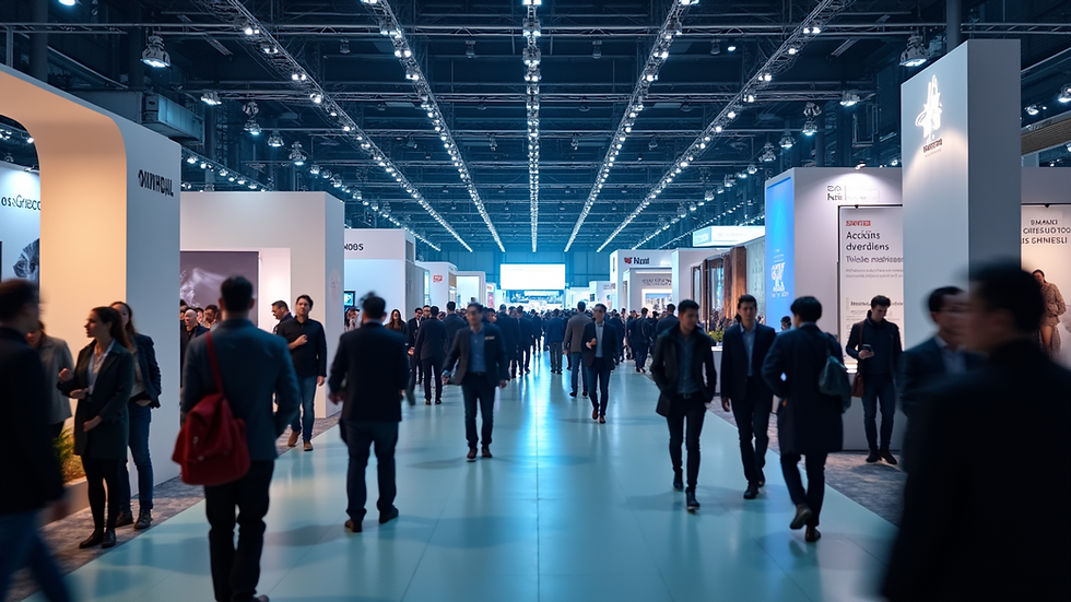 Eye-level view of a large convention hall filled with attendees and exhibition booths
