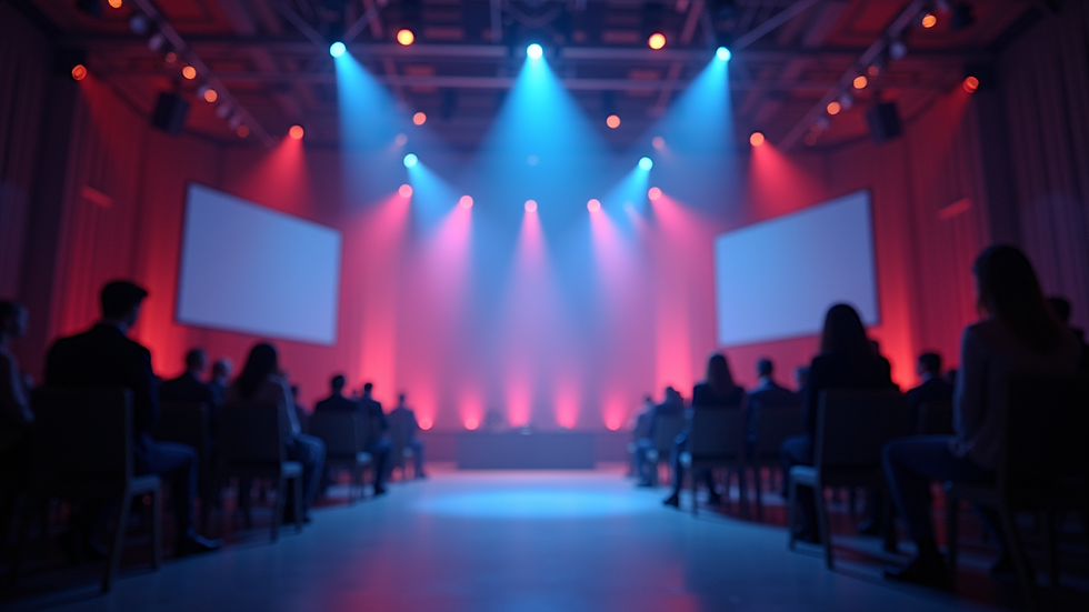 Eye-level view of a corporate event stage with elegant lighting