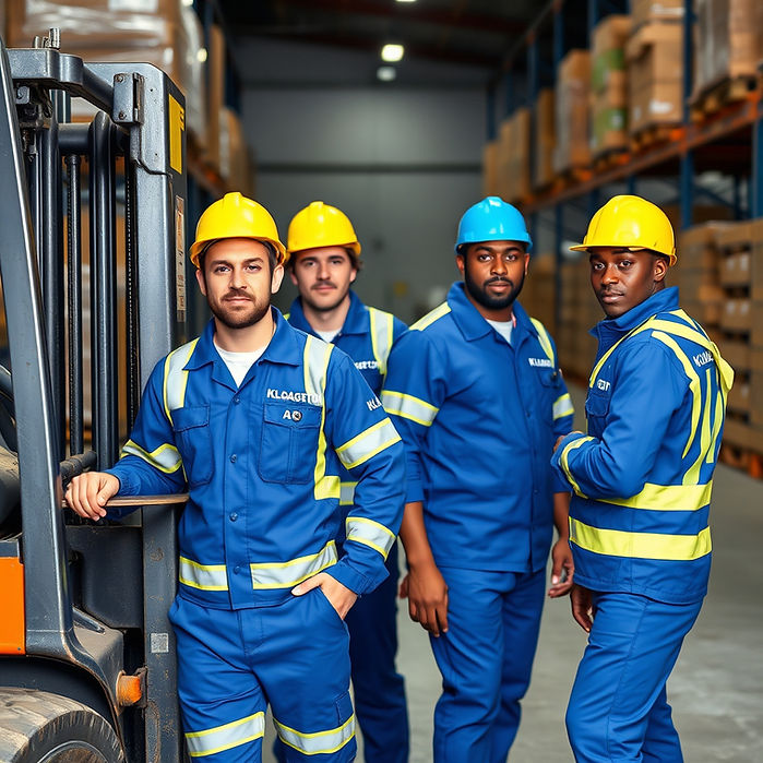 image of warehouse workers dressed in uniforms of Kloageton AB (BLUE WITH SOME YELOW). REm
