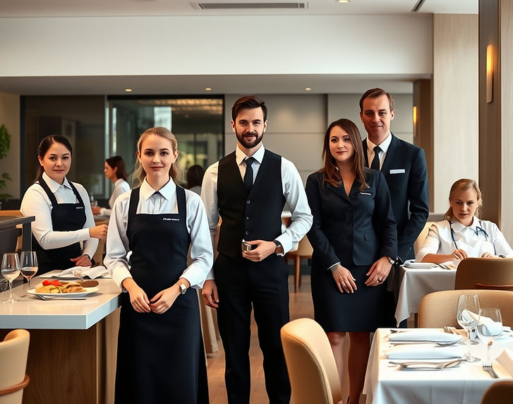 A realistic scene in Sweden showing restaurant and hotel assistants of different races, b