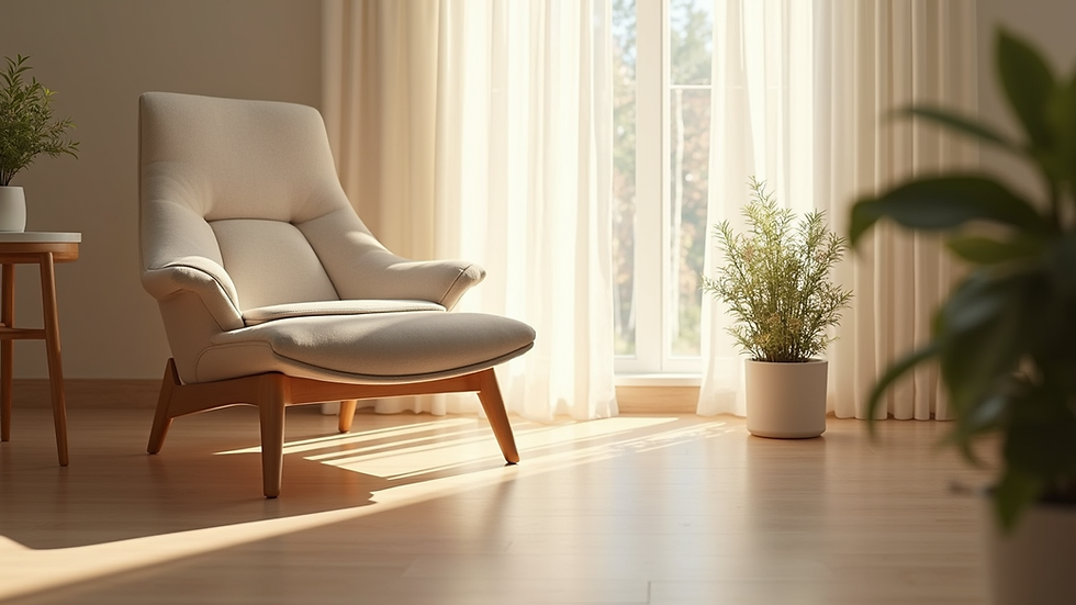Eye-level view of a calm therapy room with a comfortable chair and soft lighting
