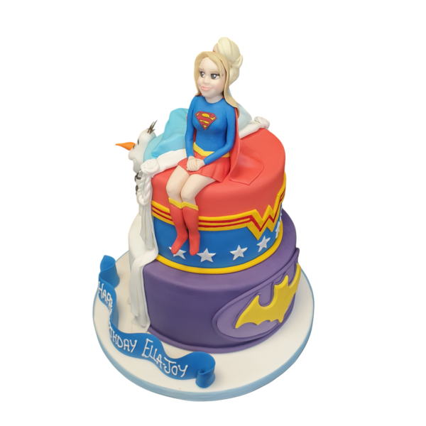 A striking and playful split frozen superhero cake, perfect for themed parties and celebrations. Vibrant colors and detailed design.