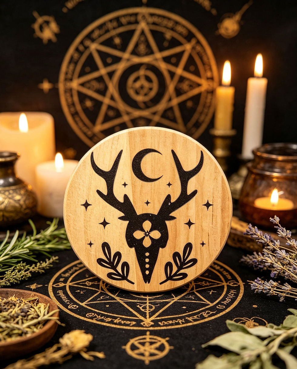 Thumbnail: Set of five handmade pagan themed coasters with mystical and nature-inspired designs