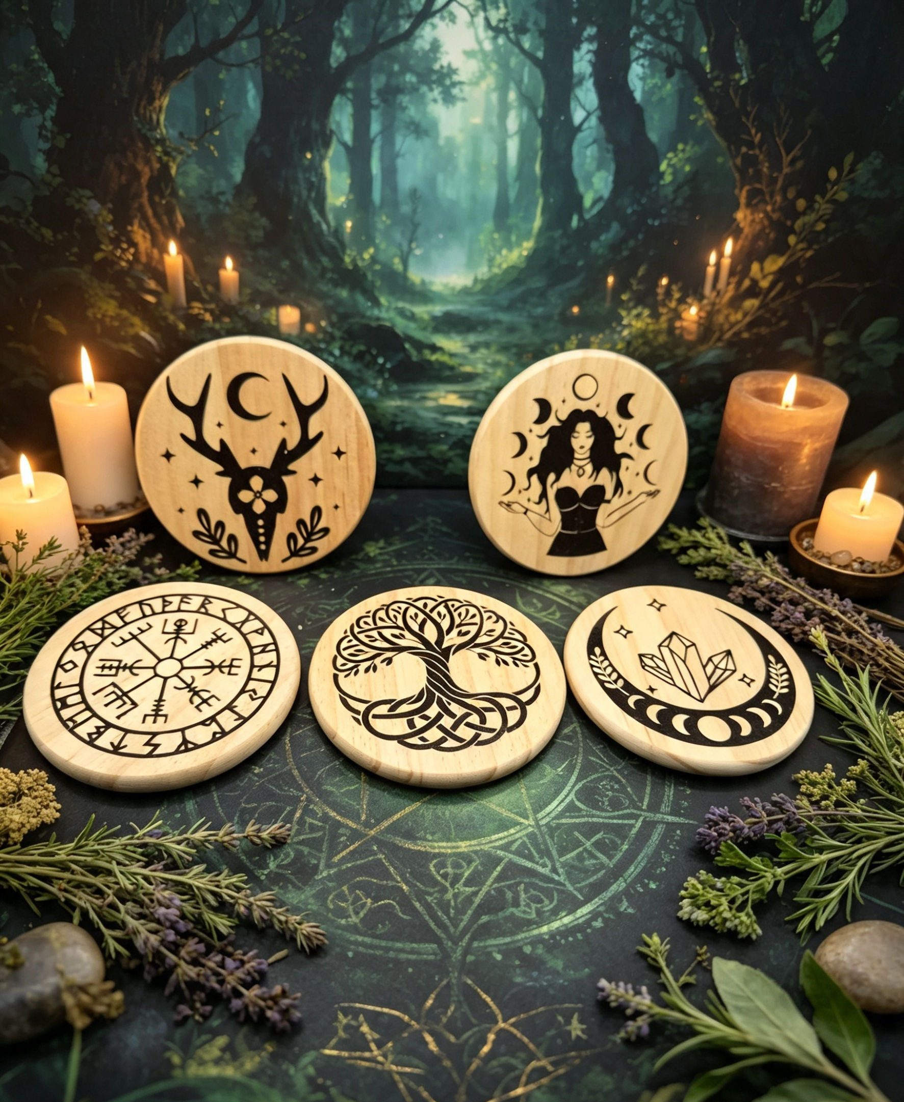 Set of five handmade pagan themed coasters with mystical and nature-inspired designs