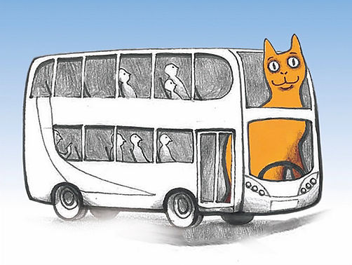 Illustrated bus with Wemyss Ware cat design featured on the Kirkcaldy Cat Trail map