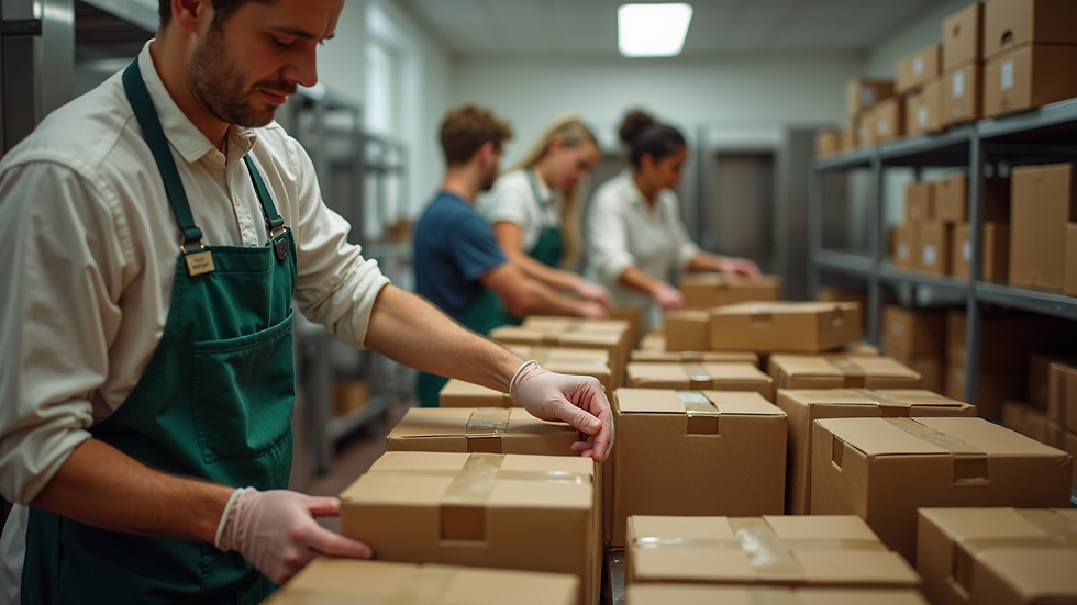 High angle view of volunteers packing food boxes in a community kitchen
