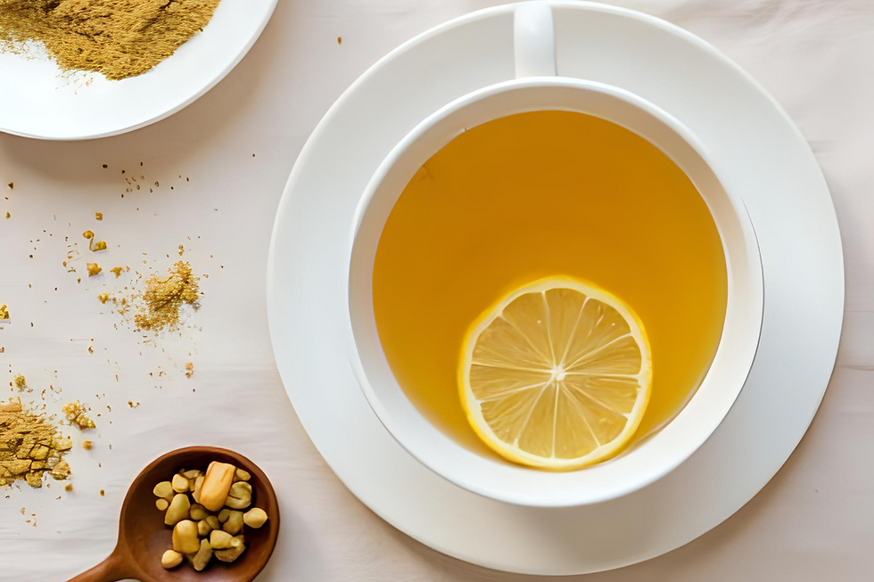 Cup of yellow tea with a lemon slice on white saucer. Loose tea leaves and a wooden spoon with seeds sit on a beige surface.