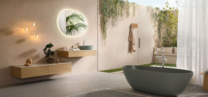 Anato Textured finish vanity unit with concealed handles and integrated ceramic basin