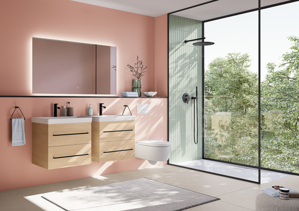 Villeroy & Boch floating vanity unit with oak-effect drawers and integrated ceramic basin