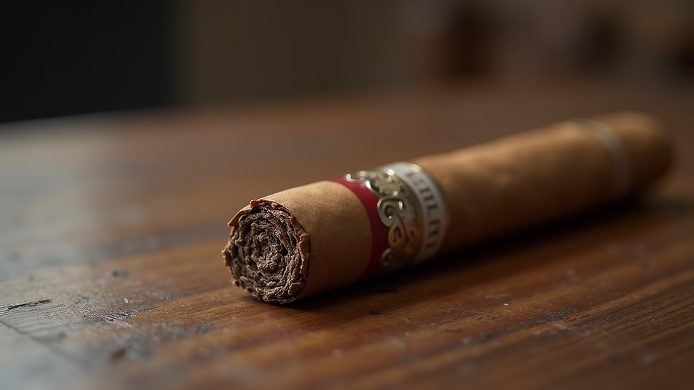Close-up view of a premium cigar resting on a wooden table