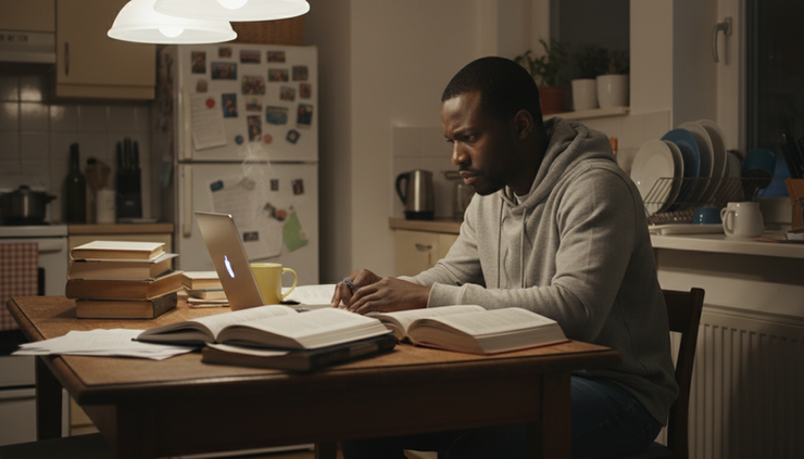 Wide-angle view of a Black man studying at a kitchen table with books and a laptop