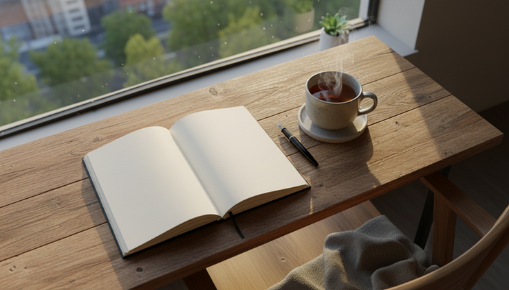 Overhead view of an open journal and a cup of tea beside a window