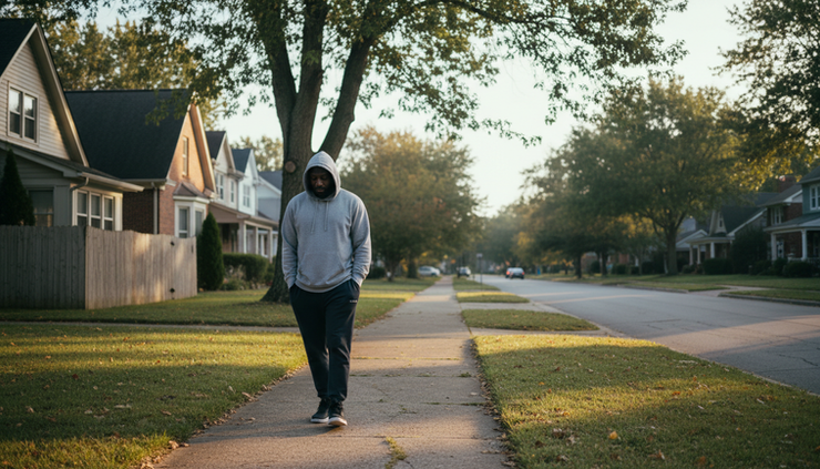 Wide-angle view of a Black man walking on a quiet neighborhood sidewalk in the morning.
