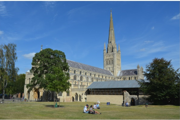 Norwich Cathedral with blue sky
in Summer