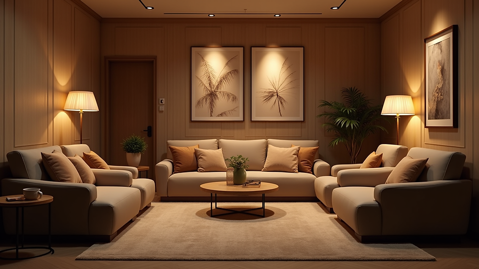 Eye-level view of a cozy, private room with soft lighting and comfortable seating designed for confidential conversations