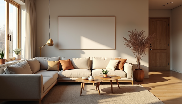 Eye-level view of a cozy, welcoming living room in a sober home with soft natural light