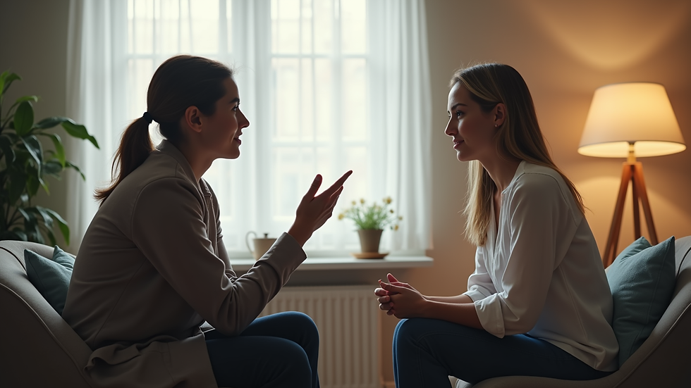 Close-up view of a counselor speaking with a client in a comfortable therapy room
