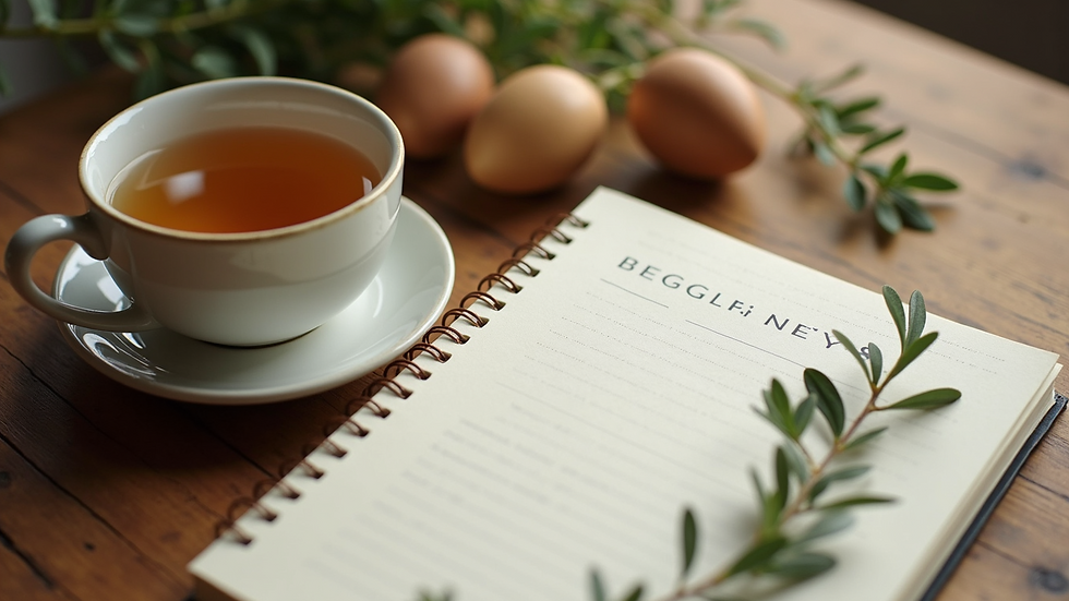 Close-up view of a wellness journal and a cup of herbal tea on a wooden table