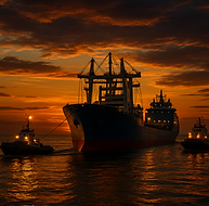 Red Night Sky. OSV comes into New York Harbor
