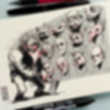 A worried person holding an axe ponders wall of eerie masks. Black and white sketch with pink accents, labeled "INKTOBER 13."