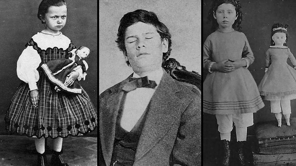 Three vintage portraits: a stern girl with a doll, a young man with eyes closed in a suit, and a girl with a doll on a chair. Monochrome setting.