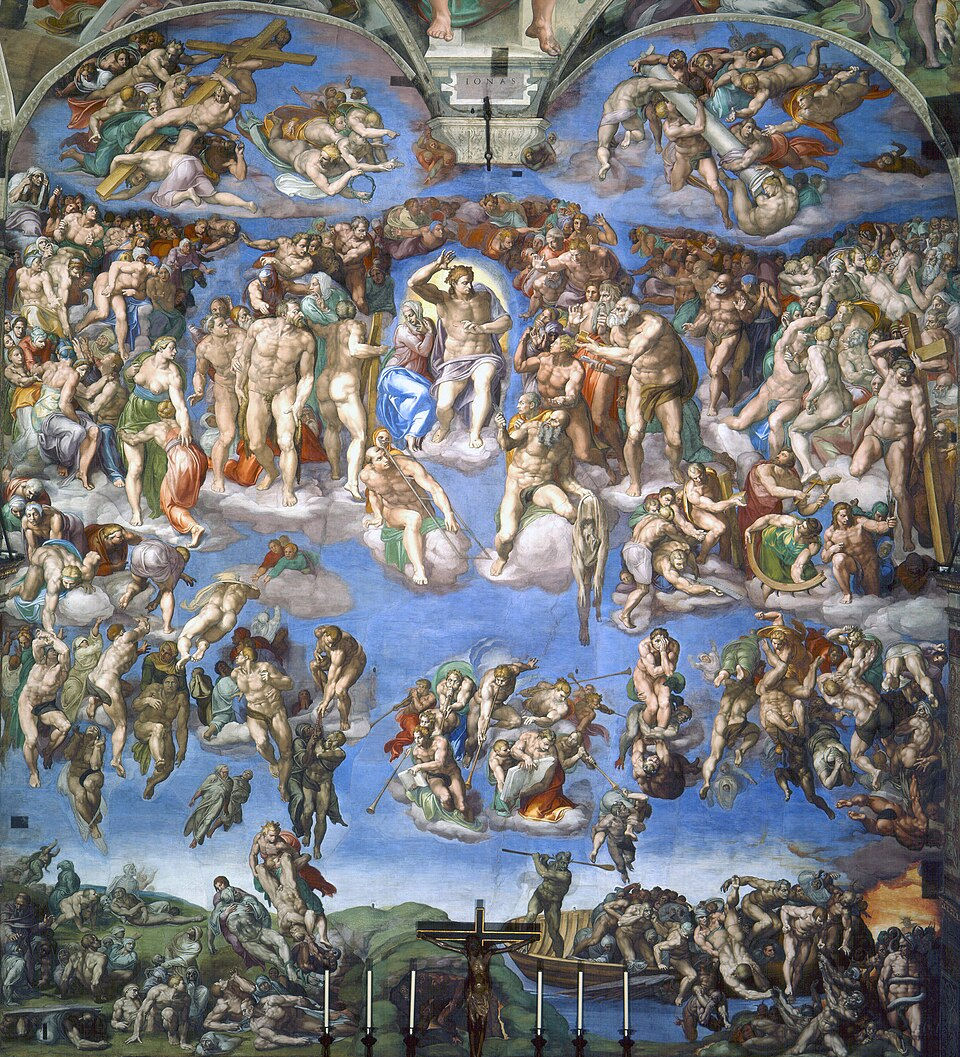 A detailed fresco depicts numerous figures in dramatic poses against a blue sky, capturing a dynamic scene of judgment and emotion.