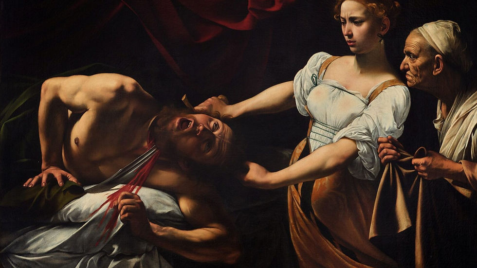 A woman holds a man's head while cutting his throat, with an elderly woman assisting. The scene is dark and dramatic, with vivid red tones.