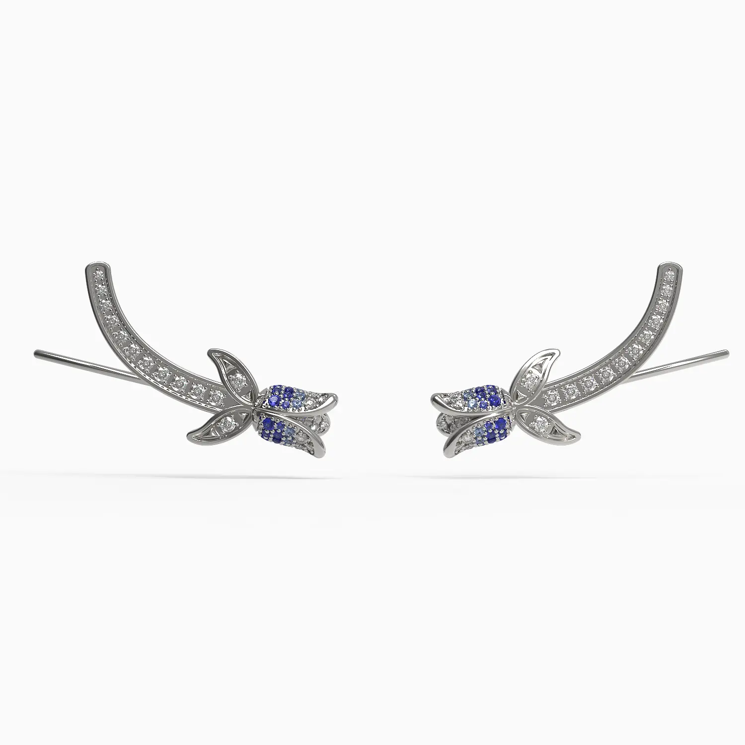 Tulip Climber Earrings in White Gold, Diamond, Sapphire, Ruby