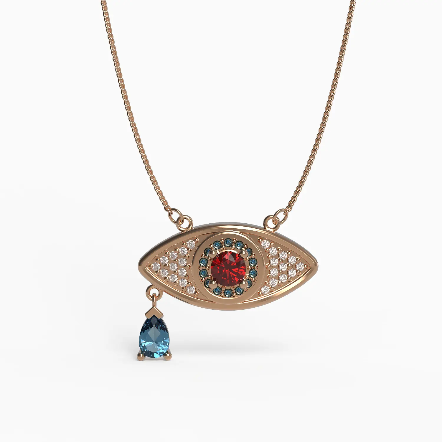 Serpent Evil Eye Pendant in Rose Gold, Diamond, Ruby, Swiss Blue Topaz