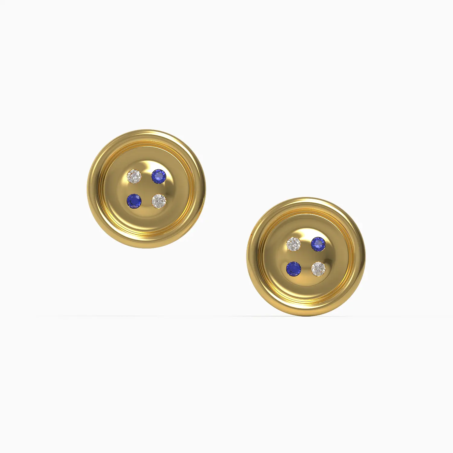 French Couture Button Earrings in Yellow Gold, Diamond, Sapphire