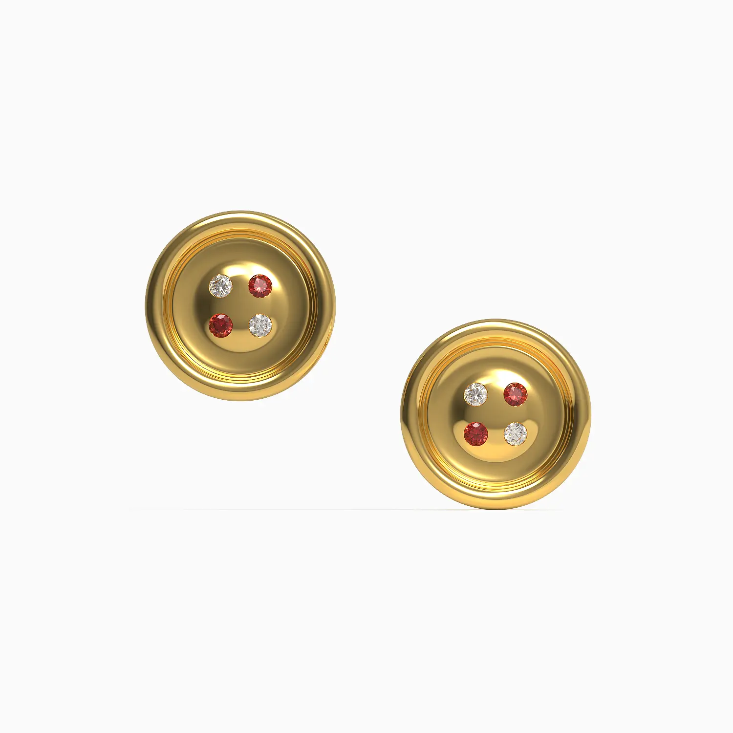 French Couture Button Earrings in Yellow Gold, Diamond, Ruby