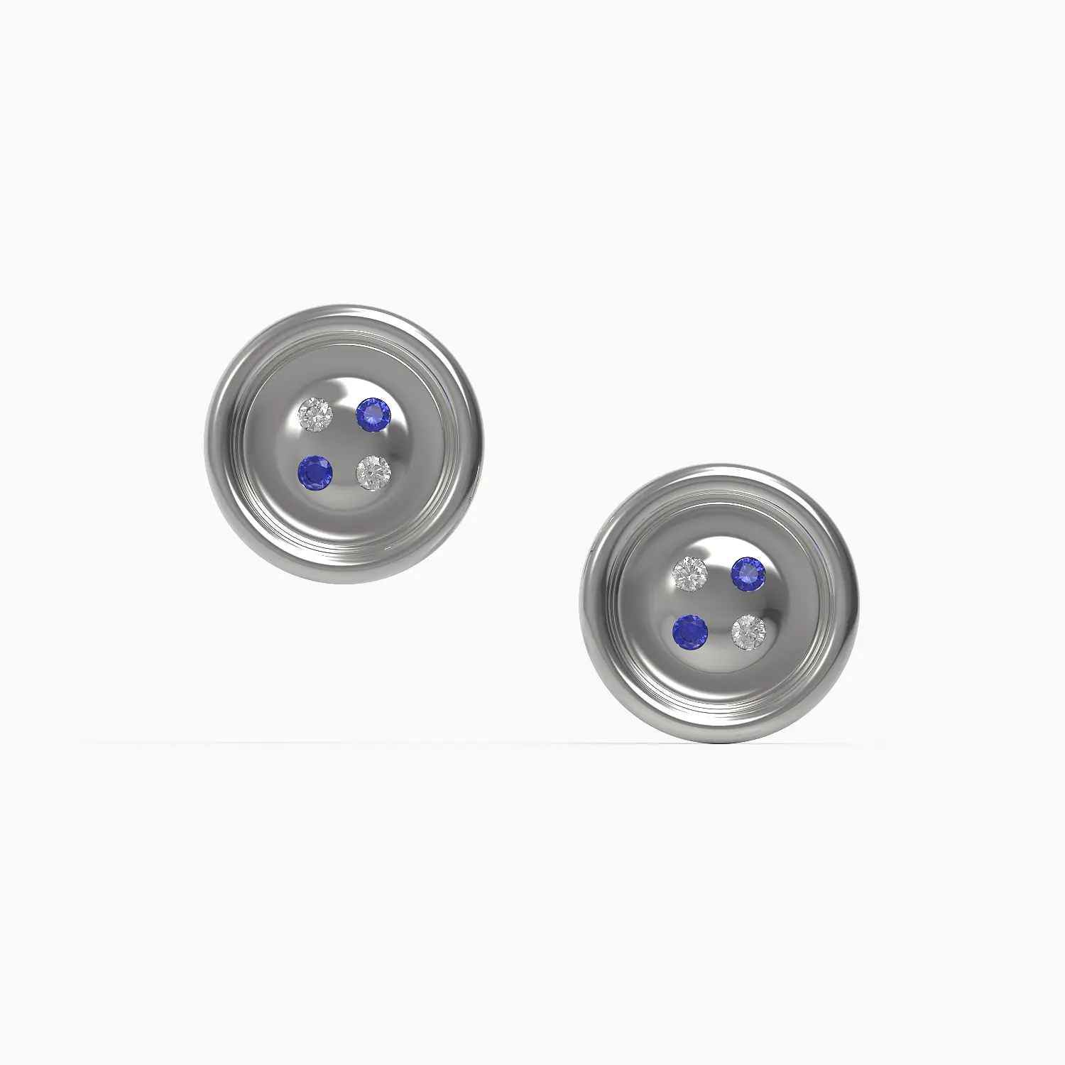 French Couture Button Earrings in White Gold, Sapphire, Diamond