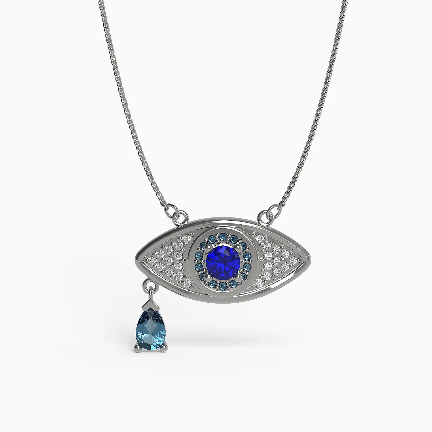 Serpent Evil Eye Pendant in White Gold, Diamond, Sapphire, Swiss Blue Topaz