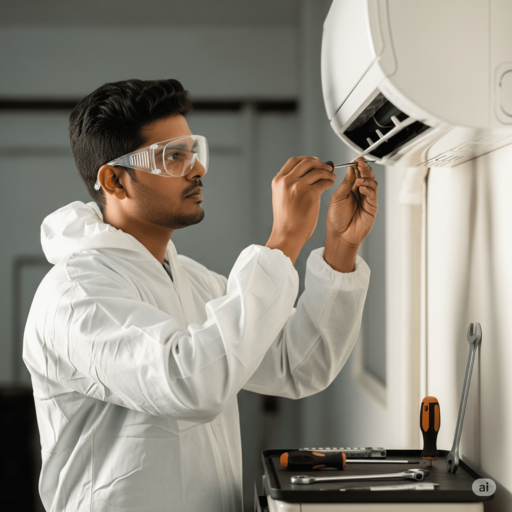 Young Indian AC technician wearing protective safety glasses carefully repairing a wall-mounted split air conditioner inside a residential home in Lucknow. The technician is standing close to the indoor AC unit with the front panel open, using a screwdriver to inspect internal components such as the cooling coil, PCB board, wiring connections and air filters. His focused expression shows he is diagnosing cooling problems and ensuring proper airflow and performance. The AC is mounted on a light-colored wall in a real home environment, not a showroom. This image represents professional Split AC repair service in Lucknow, including troubleshooting low cooling, electrical faults, sensor issues, gas pressure checking, water leakage problems and complete AC servicing performed by an experienced VGS technician at the customer’s doorstep. VGS RO LUCKNOW