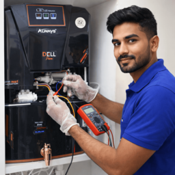 VGS RO water purifier service technician in Lucknow repairing a wall-mounted RO system at customer’s home. Young Indian male technician wearing blue VGS uniform is checking internal filters and wiring inside an open RO unit using professional tools. The purifier cover is removed, showing sediment filter, carbon filter, membrane housing, and connected pipes. Technician is focused on diagnosing water flow and purification issues. Service includes RO filter replacement, membrane change, booster pump repair, leakage fixing, low water pressure solution, and complete RO maintenance. Real indoor Indian home setting with tiled wall background, representing professional at-home RO repair service in Lucknow. VGS RO LUCKNOW