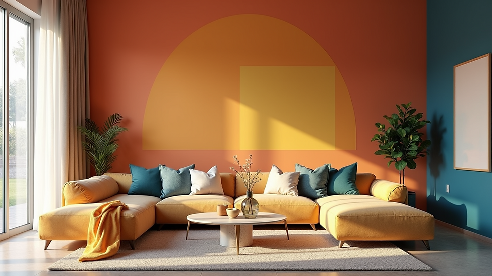 Eye-level view of a modern living space featuring a vibrant color scheme