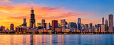 Chicago skyline at sunset over Lake Michigan, Illinois