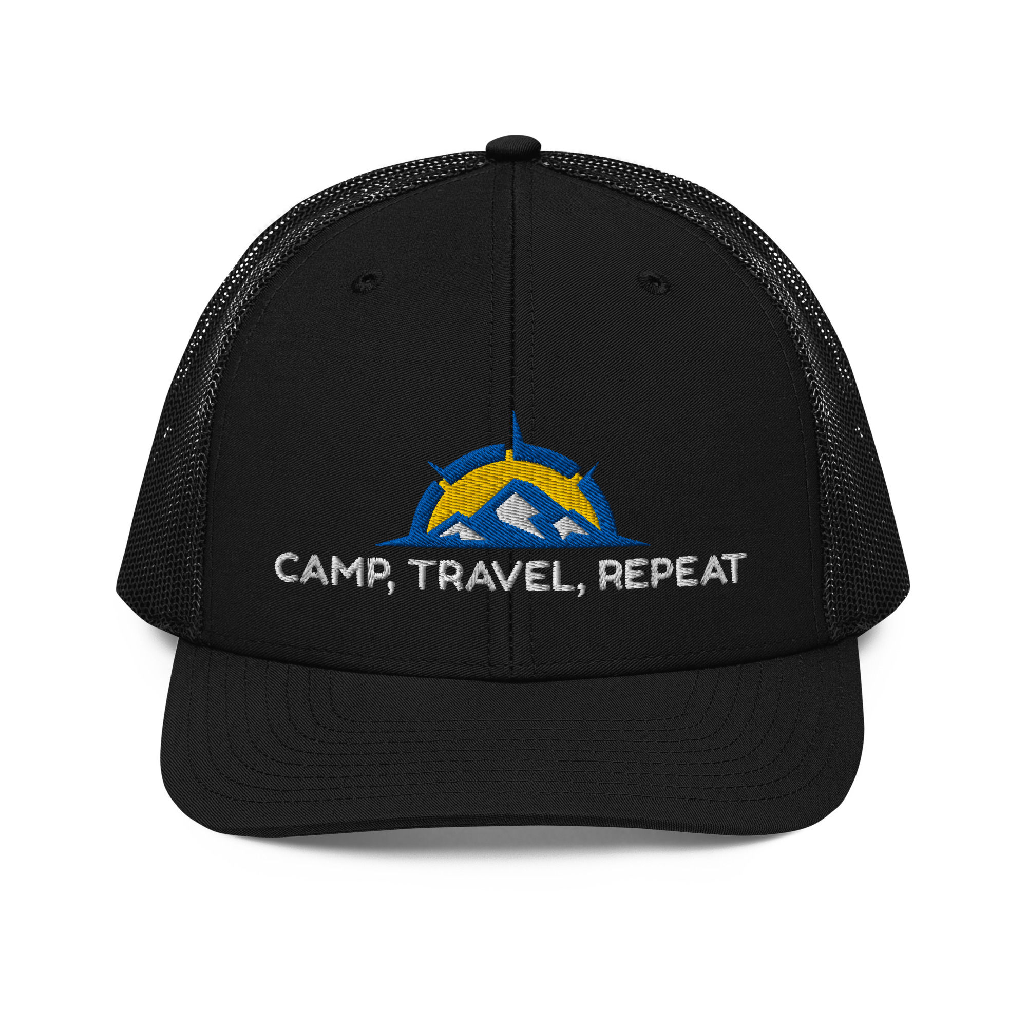 CAMP, TRAVEL, REPEAT EMBROIDERED SNAPBACK TRUCKER CAP