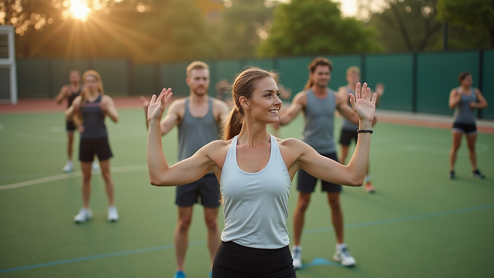 High angle view of an outdoor fitness class