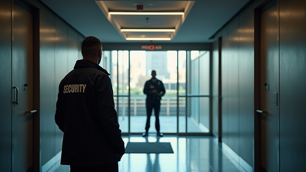 Eye-level view of a security guard monitoring a commercial building entrance
