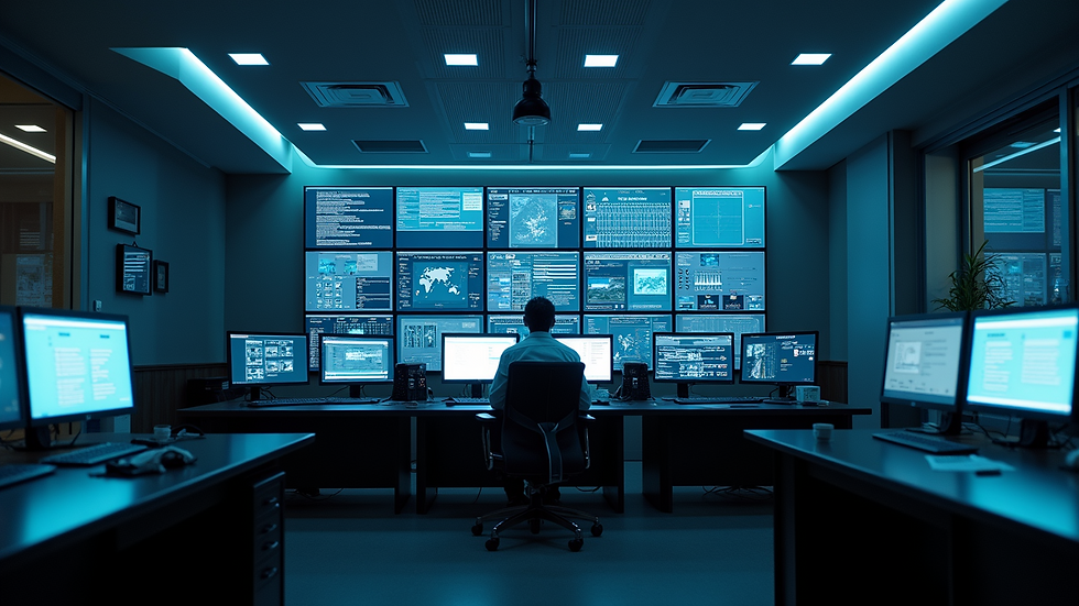 High angle view of a security control room with multiple monitors
