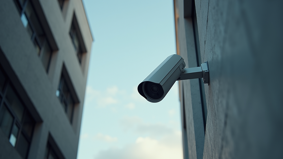 Eye-level view of a modern security camera mounted on a building exterior