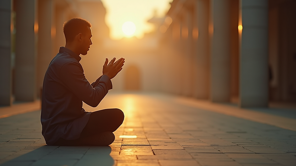 Close-up view of a person praying in a serene environment