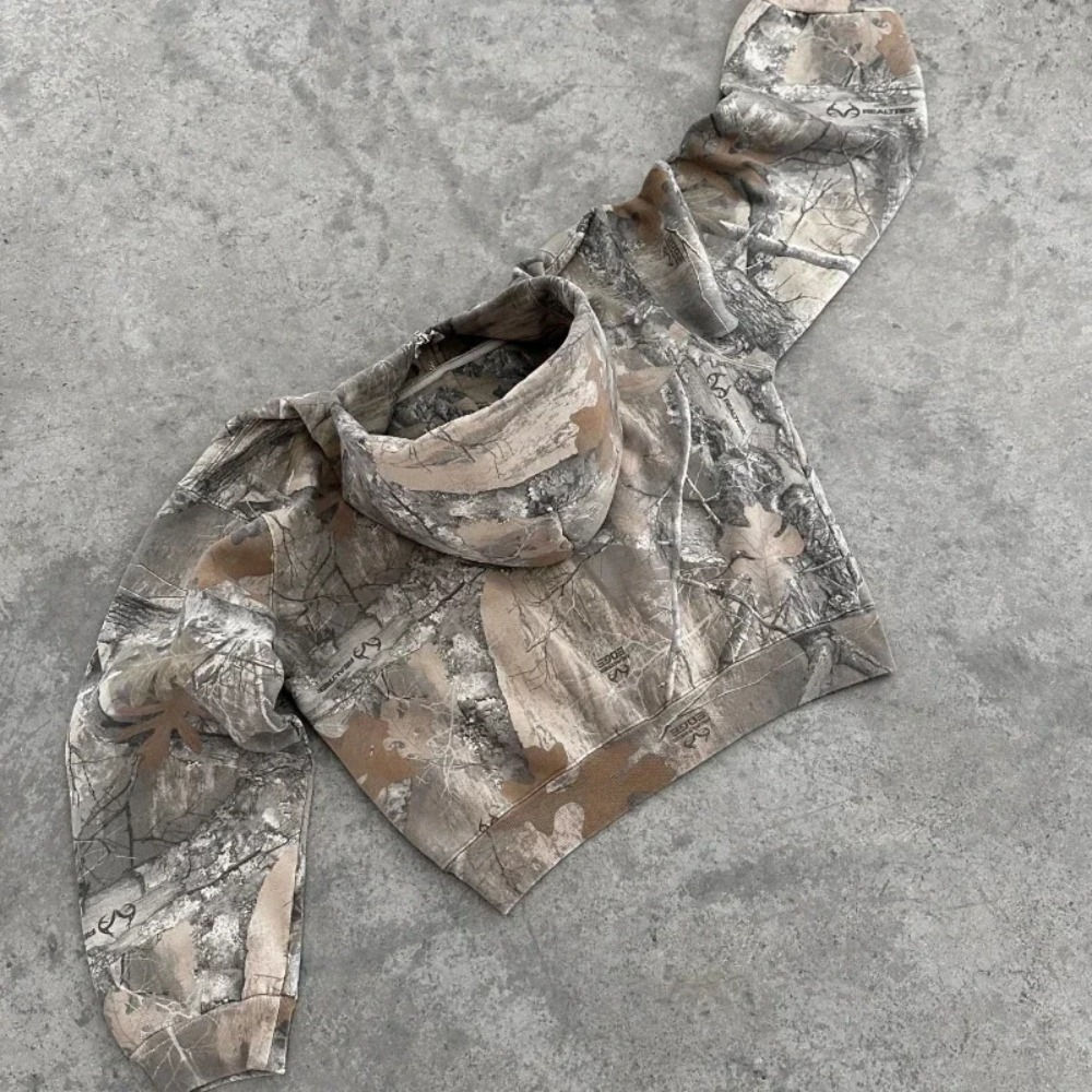 Y2K Hoodie Retro Zip Up Camouflage Pattern Zipper Sweatshirt High Street Hip Hop